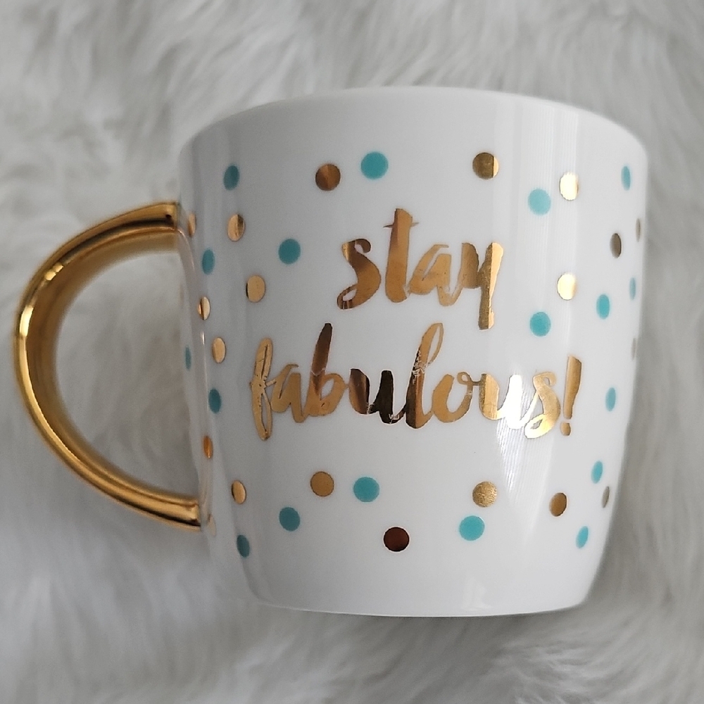Slant Stay Fabulous Gold and Blue Polka Dot Mug